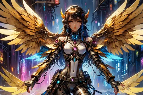 2d game scene, oil and watercolor painting, ral-dreamguardian cyberpunk girl, metallic wings, armor, (masterpiece:1.2), best quality