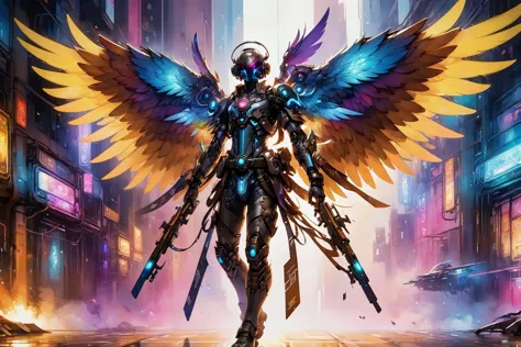 2d game scene, oil and watercolor painting, ral-dreamguardian cyberpunk wings armor, (masterpiece:1.2), best quality