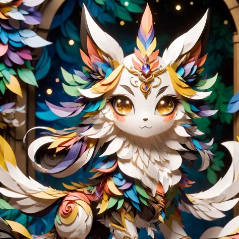 there is a paper sculpture of a cat with a colorful head