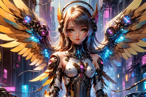 2d game scene, oil and watercolor painting, ral-dreamguardian cyberpunk girl, metallic wings, leather armor, full body, (masterpiece:1.2), best quality, (masterpiece:1.2), best quality