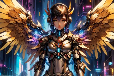 2d game scene, oil and watercolor painting, ral-dreamguardian cyberpunk girl, metallic wings, armor, (masterpiece:1.2), best quality