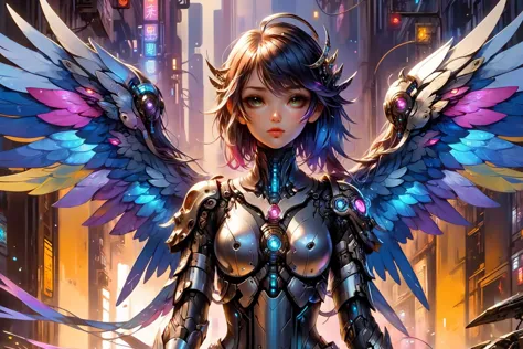 2d game scene, oil and watercolor painting, ral-dreamguardian cyberpunk girl, metallic wings, leather armor, (masterpiece:1.2), best quality