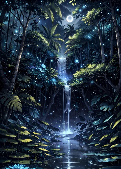 a painting of a waterfall in the middle of a forest