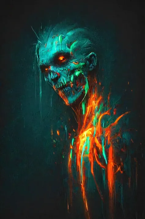 a digital painting of a zombie with glowing eyes and glowing hair