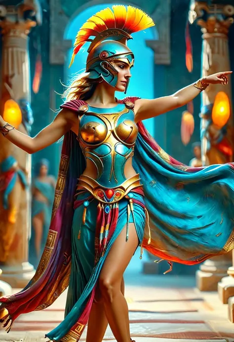 a woman in a blue and gold costume holding a sword