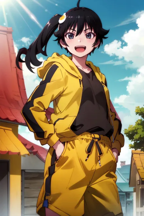 1girl, solo,  araragikaren,long hair, side ponytail, smile, open mouth, jacket, ahoge, shorts, hood, hoodie, track jacket, yellow shorts, hooded track jacket, egg hair ornament, black shirt,
outside, city, houses, cowboy shot, daylight, arms on hips,
<lora:araragi-karen-08:0.9>