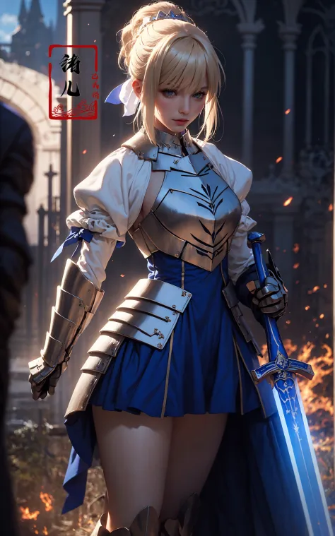 Epic CG masterpiece, hdr,dtm, full ha,8K, ultra detailed graphic tension, dynamic poses, stunning colors, 3D rendering, surrealism, cinematic lighting effects, realism, 00 renderer, super realistic, full - body photos, super vista, super wide Angle, HD(solo focus:1.7)Castle background,
Saber1girl, In hand huge flame great swordBlue dressBlue capeBlue bowgorgeous armorplatinum blonde hair
A shot with tension(sky glows red,Visual impact,giving the poster a dynamic and visually striking appearance:1.2),
