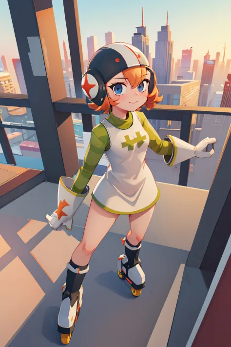 (masterpiece, best quality:1.2), solo, 1girl, jsrgum, slight smile, looking at viewer, helmet, short dress, striped sleeves, white gloves, roller skates, cityscape scenery 