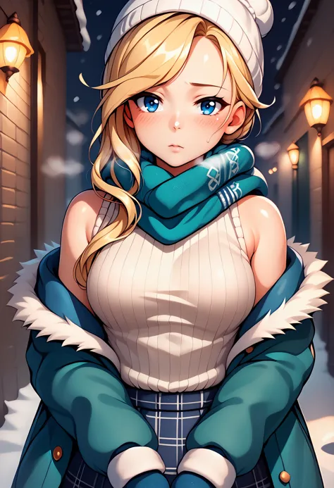 a woman in a winter outfit standing in a snowy alley