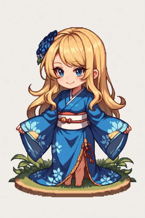 a cartoon girl in a blue kimono outfit standing on a patch