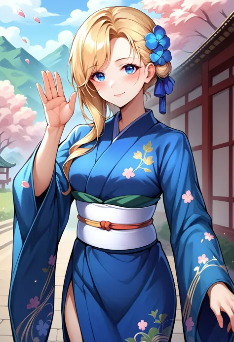 score_9,score_8_up,score_7_up score_6_up, source_anime, 1girl, solo, cowboy shot, three-quarter portrait, standing, breasts, hair over shoulder,long hair, light smile, "hodyuk,blue kimono, white sash, long sleeves, wide sleeves,hair flower, floral print, bridge, cherry blossoms, blonde hair, blue eyes, waving, blush, looking at viewer, <lora:hoodAL-ponyxl-bshi-v1:1>