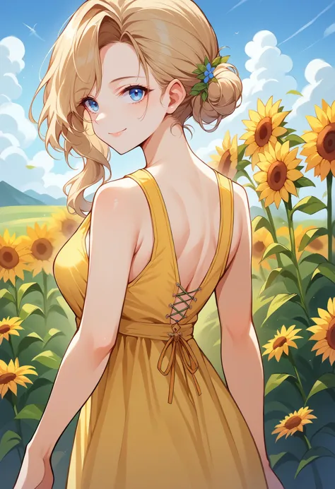 score_9,score_8_up,score_7_up score_6_up, source_anime, 1girl, solo, cowboy shot, <lora:hoodAL-ponyxl-bshi-v1:1> hodyuk, medium breasts, long hair, hair over shoulder, single hair bun, hair flower, sunflower, yellow sundress, sleeveless dress, (translucent), cloud, sky, rimlight, warm colors, flower field, from behind, looking at viewer, looking back, happy, light smile, blue eyes,