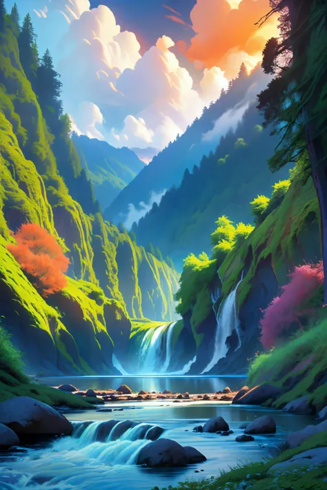 (ultra-detailed), (masterpiece), (best quality), (sharp focus), (cinematic lighting), (vibrant colors),    <lora:LittleFresh15:0.8> landscape, scenery, mountainside, river, waterfall, clouds, aesthetic, sunrise, nature, overgrown, mossy, flowers