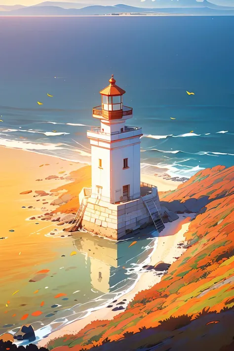 (seaside,autumn,:1.2),Wide sea,horizon,There is a small lighthouse on the small bridge,very detailed,realistic details,light par...