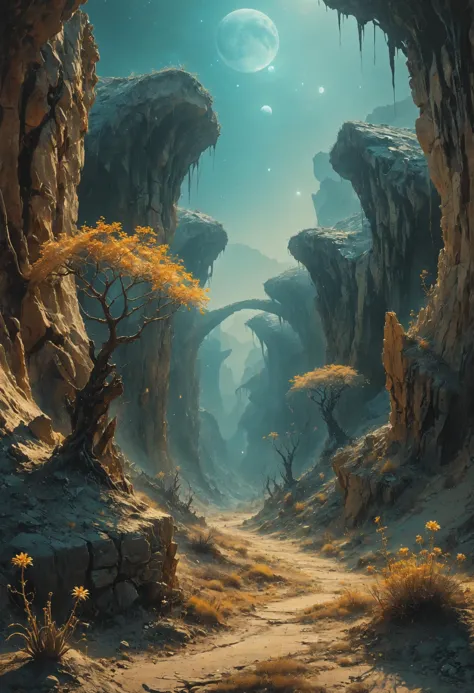 fremde Landschaft, Kristalline Wälder, die mit harmonischen Schwingungen in Resonanz treten, Rustikaler Canyon, der sich durch eine trockene Landschaft schlängelt , Außerirdische Flora, dynamische Beleuchtung, Dreamyvibes Artstyle, 