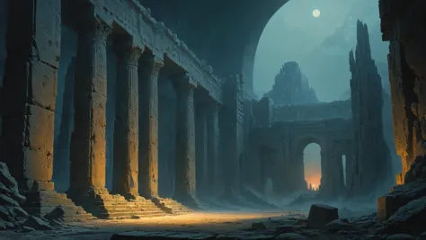 a man standing in a cave with columns and a moon