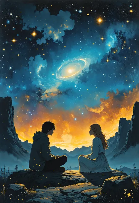 a man and woman sitting on a rock looking at the stars