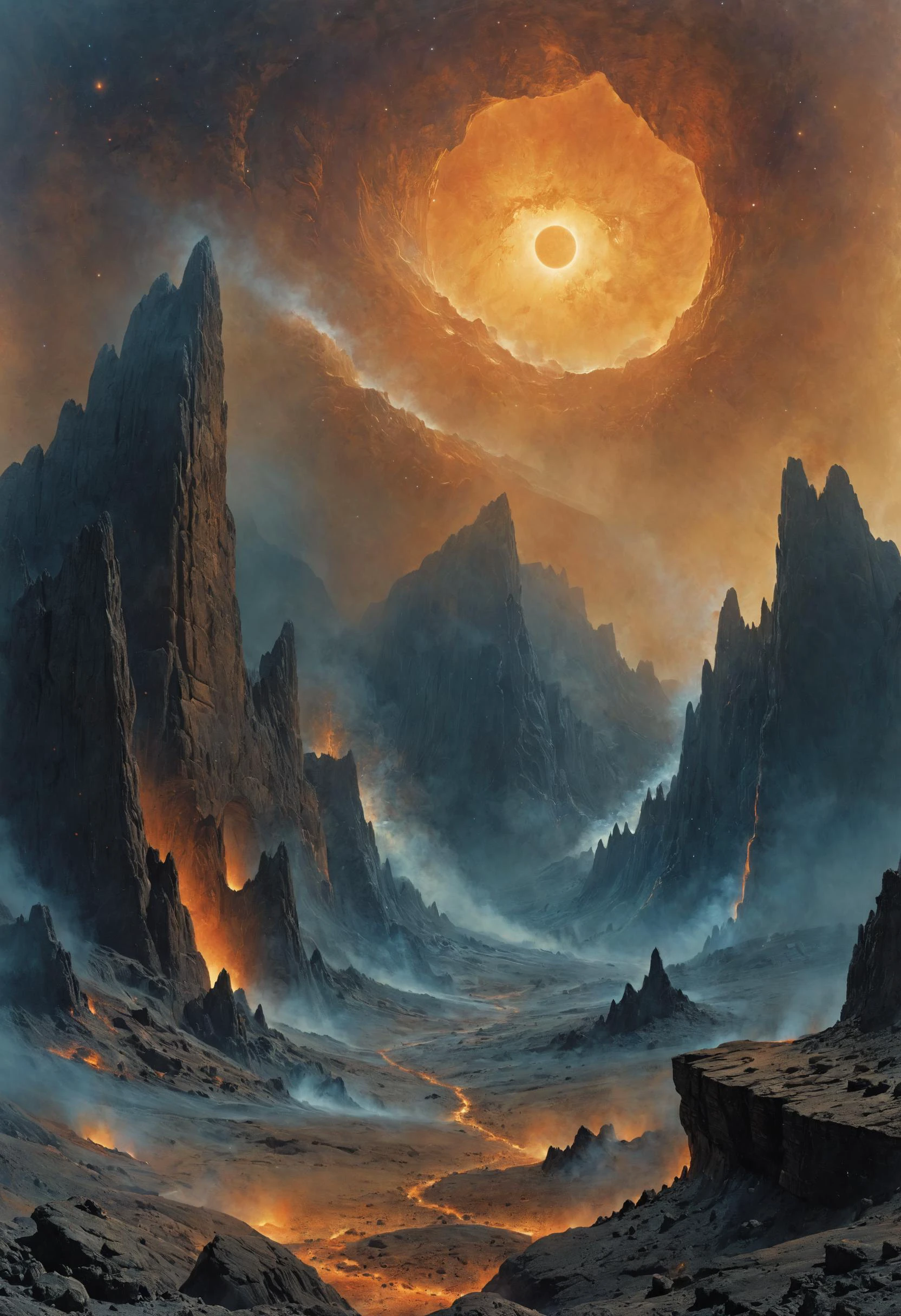 paisagem alienígena, Enormes arcos rochosos emoldurando campos estelares distantes, Gêiseres fumegantes em meio a paisagens vulcânicas , flora alienígena, Onda de brilho, PENeonUV, 