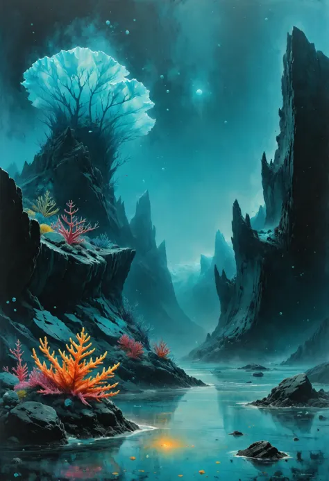 alien landscape, Bioluminescent reefs teeming with vibrant marine life, Glacial icebergs floating in turquoise Arctic waters , a...