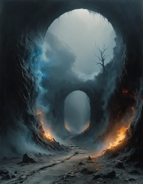 gateway to hell, fog, dense fog, white smoke, blue splats, <lora:RMSDXL_Enhance:1>, <lora:Surreal Harmony:1.5>