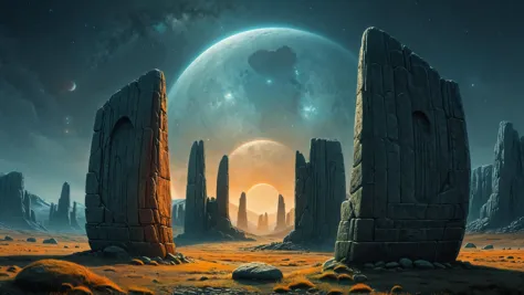 photorealistic detailed digital illustration of a circle of madhxg standing stones,  Massive rock arches framing distant starfields in the background, great lighting, trending on Artstation, 8k resolution, matte painting, ray tracing, hyper detailed, unreal engine 5, cinematic, epic lighting, cryengine, octane render, cyberpunk, red and orange glow, vibrant <lora:Colorful_Hexadons_SDXL:1>  <lora:great_lighting:0.8> <lora:The_Dark_Side_of_the_Earth:0.8>