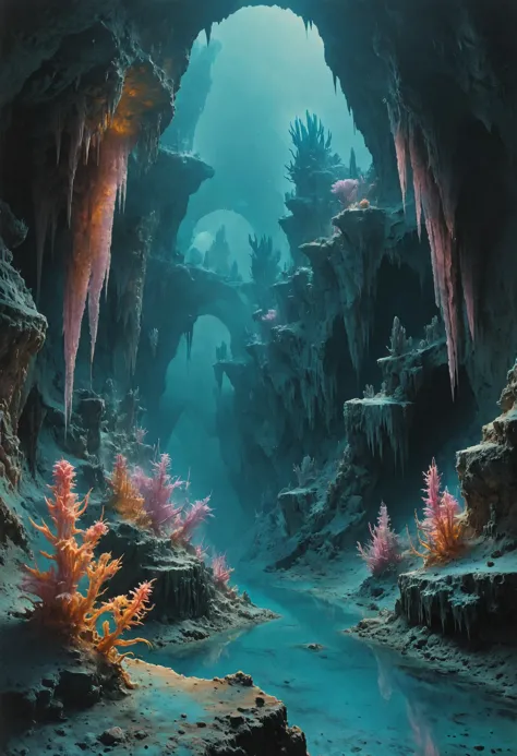 a painting of a cave with a river and corals