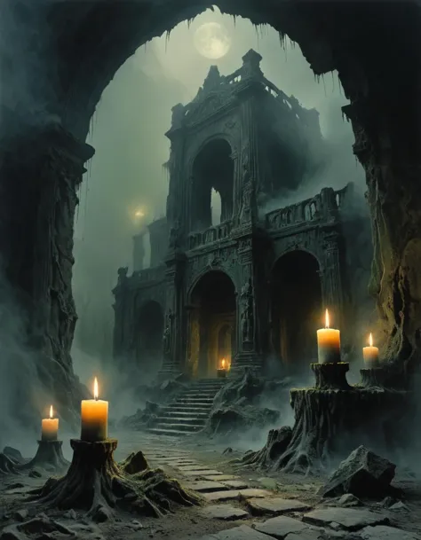 fog, old temple, ruined, candles, fog, dense fog, green smoke, black splats, <lora:RMSDXL_Enhance:1>, <lora:Surreal Harmony:1.5>