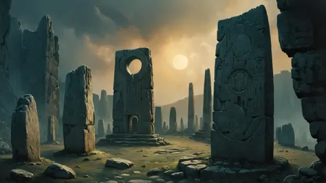 photorealistic detailed digital illustration of a circle of standing stones, 8k, Enigmatic ruins hinting at ancient civilization...