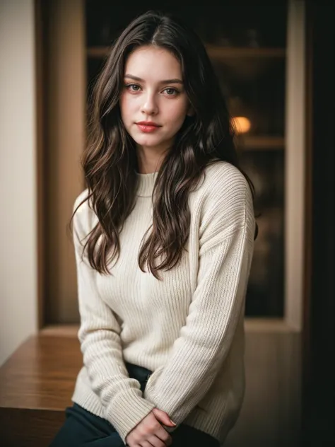 Photographic portrait, in the style of Richard Avedon, cute 18 year old woman, pale skin, highly detailed face, long black wavy hair, seducing facial expression, wearing a cozy sweater, 1950s, dark background, warm colors, RAW candid cinema, 16mm, color graded portrait. 400 film, remarkable color, ultra realistic, captured on a (Nikon D850)  <lyco:add_detail:1>, RAW photo, full sharp, 8k uhd, dslr, soft lighting, high quality, film grain, Fujifilm XT3