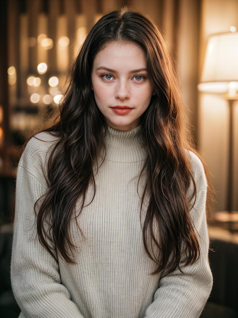 A woman with long hair wearing a turtle neck sweater - SeaArt AI