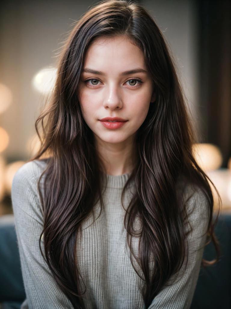 Portrait photographique, jolie femme de 18 ans, peau pâle, visage très détaillé, longs cheveux noirs ondulés, expression faciale séduisante, porter un pull douillet, année 1963, fond sombre, Couleurs chaudes, Cinéma brut et franc, 16mm, portrait étalonné en couleurs. 400 films, couleur remarquable, ultra réaliste, capturé sur un (Nikon D850) Photo brute, plein de netteté, 8k euh, reflex numérique, Éclairage doux, haute qualité, grain de film, Fujifilm XT3