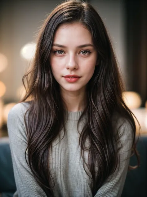 Photographic portrait, cute 18 year old woman, pale skin, highly detailed face, long black wavy hair, seducing facial expression, wearing a cozy sweater, year 1963, dark background, warm colors, RAW candid cinema, 16mm, color graded portrait. 400 film, remarkable color, ultra realistic, captured on a (Nikon D850) <lyco:add_detail:1>, RAW photo, full sharp, 8k uhd, dslr, soft lighting, high quality, film grain, Fujifilm XT3