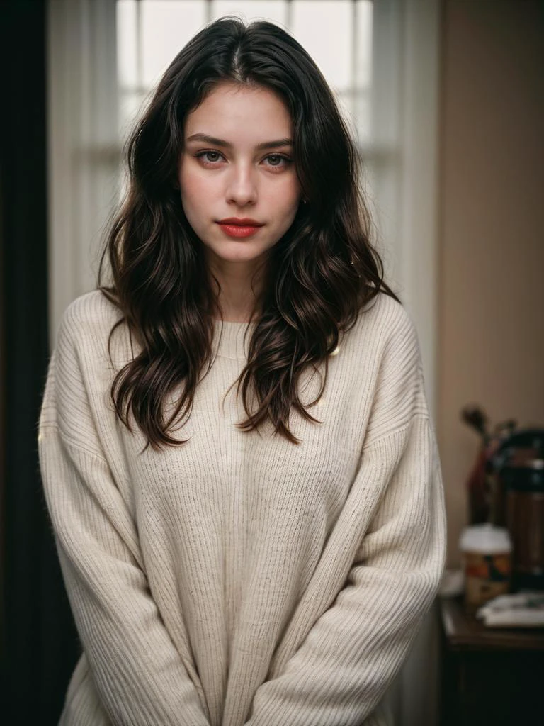 Portrait photographique, à la manière de Richard Avedon, jolie femme de 18 ans, peau pâle, visage très détaillé, longs cheveux noirs ondulés, expression faciale séduisante, porter un pull douillet, années 1950, fond sombre, Couleurs chaudes, Cinéma brut et franc, 16mm, portrait étalonné en couleurs. 400 films, couleur remarquable, ultra réaliste, capturé sur un (Nikon D850)  Photo brute, plein de netteté, 8k euh, reflex numérique, Éclairage doux, haute qualité, grain de film, Fujifilm XT3