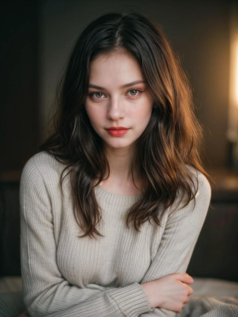 retrato fotográfico, al estilo de Richard Avedon, Linda mujer de 18 años, piel pálida, Cara muy detallada, pelo largo y ondulado negro, seduciendo la expresión facial, vistiendo un acogedor suéter a rayas, Año 1963, fondo oscuro, Colores cálidos, Cine sincero RAW, 16mm, retrato degradado en color. película 400, color notable, ultra realista, capturado en un (Nikon D850) foto en bruto, completo agudo, 8k hd, DSLR, iluminación suave, alta calidad, grano de la película, Fujifilm XT3