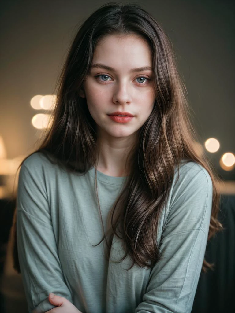 Photographic portrait, cute 18 year old woman, pale skin, highly detailed face, long black wavy hair, seducing facial expression, wearing a cozy t-shirt, year 1963, dark background, warm colors, RAW candid cinema, 16mm, color graded portrait. 400 film, remarkable color, ultra realistic, captured on a (Nikon D850) RAW photo, full sharp, 8k uhd, dslr, soft lighting, high quality, film grain, Fujifilm XT3