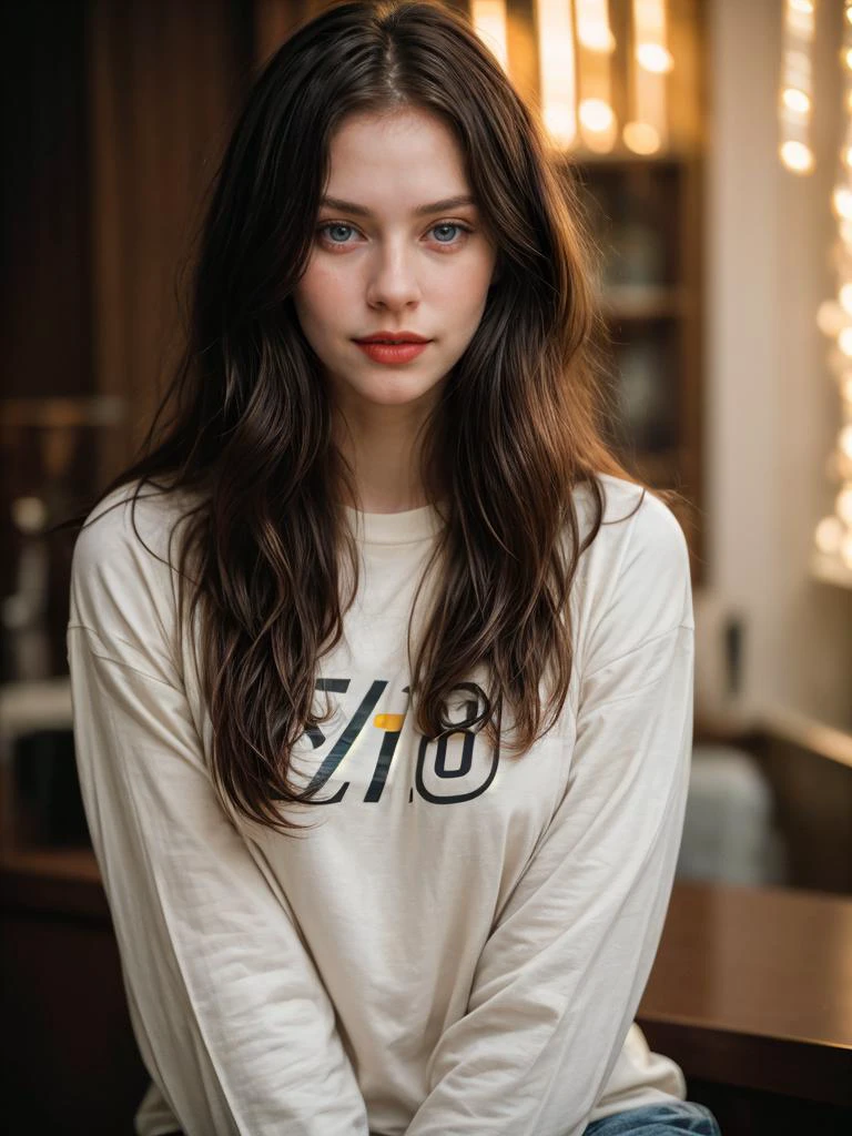 retrato fotográfico, Mulher bonita de 18 anos, pele pálida, rosto altamente detalhado, cabelo preto longo e ondulado, expressão facial sedutora, vestindo uma camiseta aconchegante, Ano 1963, fundo escuro, cores quentes, Cinema sincero RAW, 16mm, retrato graduado em cores. 400 film, cor notável, ultra realistic, capturado em um (Nikon D850) Foto CRU, totalmente afiado, 8k hd, dslr, iluminação suave, alta qualidade, Grão de filme, Fujifilm XT3