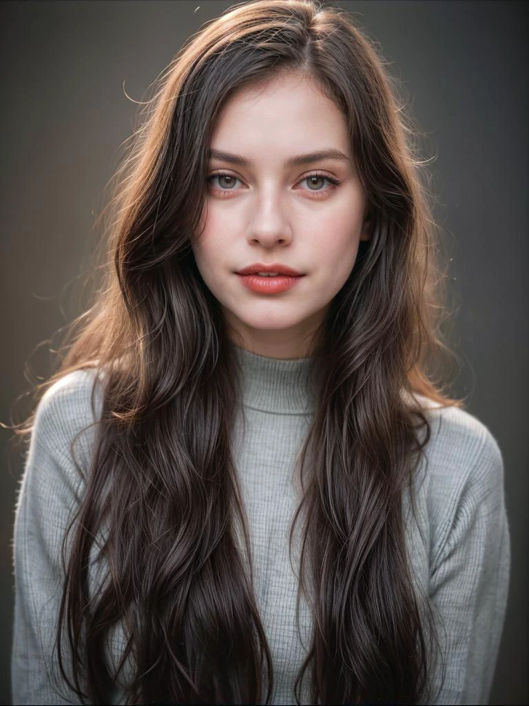 retrato fotográfico, ao estilo de Richard Avedon, Mulher bonita de 18 anos, pele pálida, rosto altamente detalhado, cabelo preto longo e ondulado, expressão facial sedutora, vestindo um suéter aconchegante com listras verticais cinza-azuladas, Ano 1963, fundo escuro, cores quentes, Cinema sincero RAW, 16mm, retrato graduado em cores. 400 film, cor notável, ultra realistic, capturado em um (Nikon D850) Foto CRU, totalmente afiado, 8k hd, dslr, iluminação suave, alta qualidade, Grão de filme, Fujifilm XT3