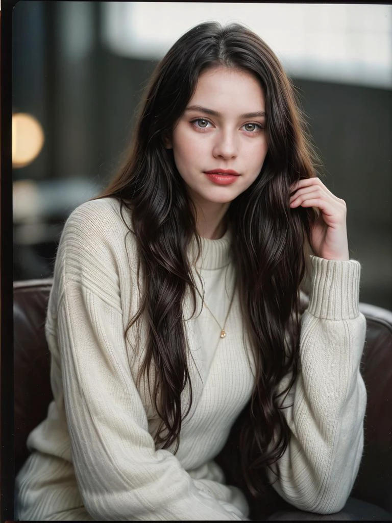 Photographic portrait, in the style of Richard Avedon, cute 18 year old woman, pale skin, highly detailed face, long black wavy hair, seducing facial expression, wearing a cozy sweater, year 1963, dark background, warm colors, RAW candid cinema, 16mm, color graded portrait. 400 film, remarkable color, ultra realistic, captured on a (Nikon D850) RAW photo, full sharp, 8k uhd, dslr, soft lighting, high quality, film grain, Fujifilm XT3