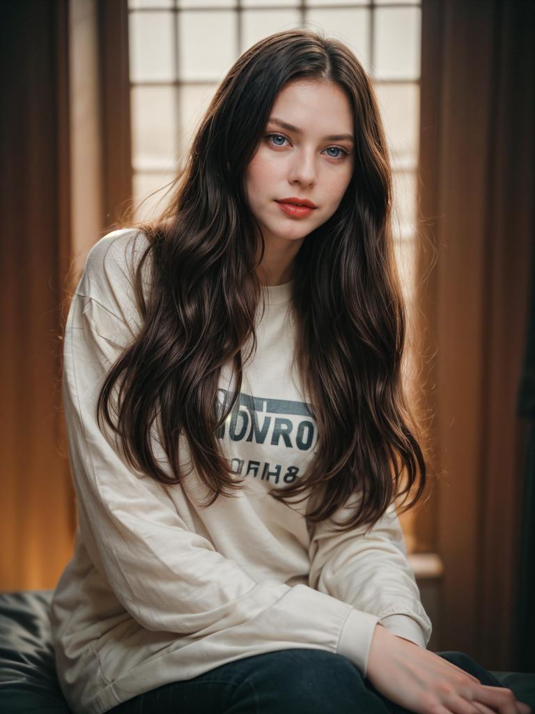 A woman sitting on a bed with long hair and a white shirt - SeaArt AI