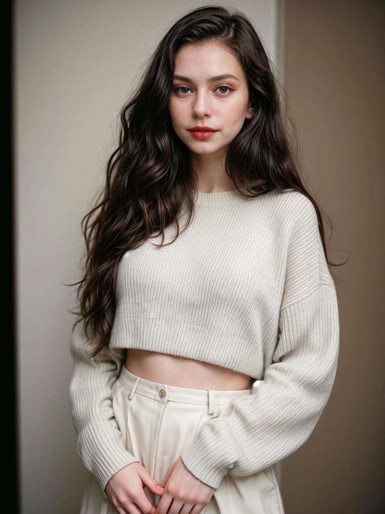 Photographic portrait, cute 18 year old woman, pale skin, highly detailed face, long black wavy hair, seducing facial expression, wearing a cozy sweater, year 1963, dark background, warm colors, RAW candid cinema, 16mm, color graded portrait. 400 film, remarkable color, ultra realistic, captured on a (Nikon D850) RAW photo, full sharp, 8k uhd, dslr, soft lighting, high quality, film grain, Fujifilm XT3