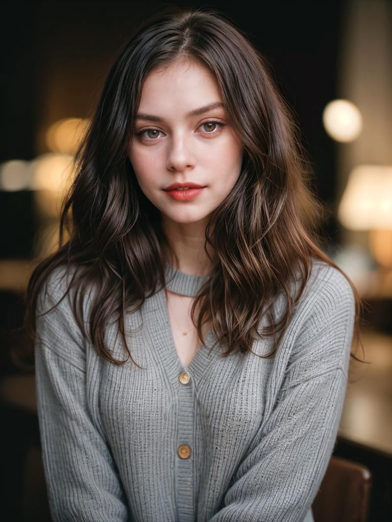 Photographic portrait, cute 18 year old woman, pale skin, highly detailed face, long black wavy hair, seducing facial expression, wearing a cozy quill bluish gray sweater, year 1963, dark background, warm colors, RAW candid cinema, 16mm, color graded portrait. 400 film, remarkable color, ultra realistic, captured on a (Nikon D850) RAW photo, full sharp, 8k uhd, dslr, soft lighting, high quality, film grain, Fujifilm XT3