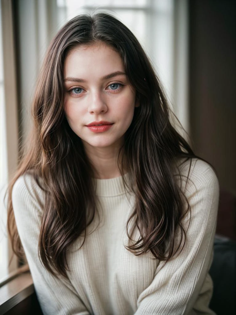 Photographic portrait, cute 18 year old woman, pale skin, highly detailed face, long black wavy hair, seducing facial expression, wearing a cozy sweater, year 1963, dark background, warm colors, RAW candid cinema, 16mm, color graded portrait. 400 film, remarkable color, ultra realistic, captured on a (Nikon D850) RAW photo, full sharp, 8k uhd, dslr, soft lighting, high quality, film grain, Fujifilm XT3