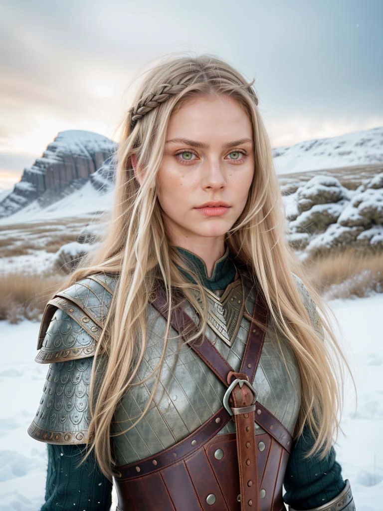 an armed female Viking warrior with leather armor, long think blonde hair moved by the wind, winter windy noon, fantasy illustration  RAW candid cinema, 16mm, color graded portra 400 film, remarkable color, ultra realistic, textured skin, remarkable detailed pupils, realistic dull skin noise, visible skin detail, skin fuzz, dry skin, shot with cinematic camera