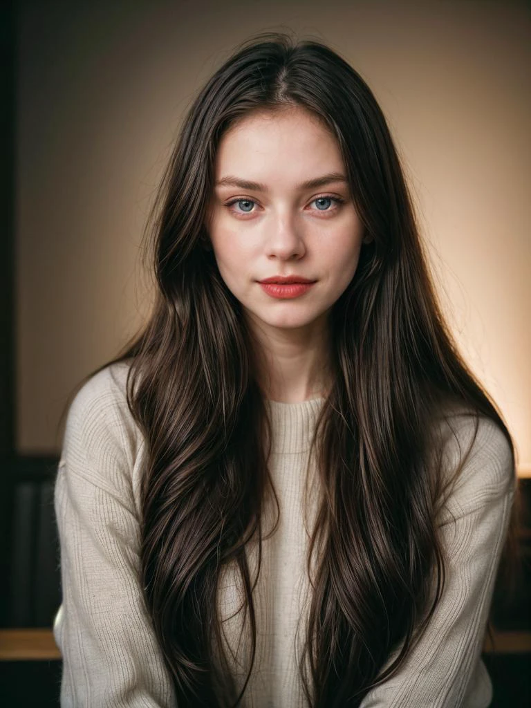 retrato fotográfico, Mulher bonita de 18 anos, pele pálida, rosto altamente detalhado, cabelo preto longo e ondulado, expressão facial sedutora, vestindo um suéter aconchegante, Ano 1963, fundo escuro, cores quentes, Cinema sincero RAW, 16mm, retrato graduado em cores. 400 film, cor notável, ultra realistic, capturado em um (Nikon D850) Foto CRU, totalmente afiado, 8k hd, dslr, iluminação suave, alta qualidade, Grão de filme, Fujifilm XT3