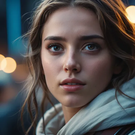 a close up of a woman with a scarf on looking at the camera