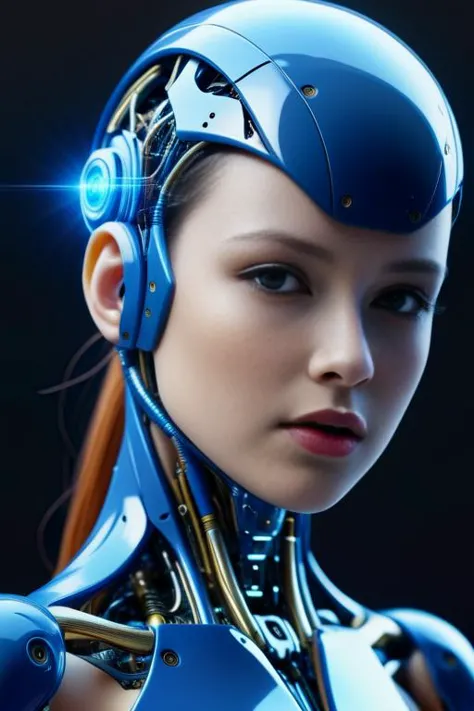 a woman in a blue suit with a futuristic headpiece