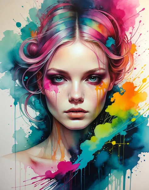 Gestural drawing in the style of Anna Dittmann,bold brush strokes, color splatter, strong vibrant metallic neon collours