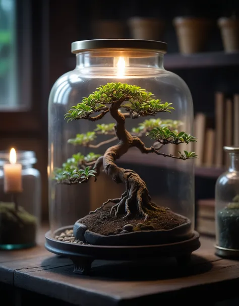 there is a bonsai tree in a glass jar on a table