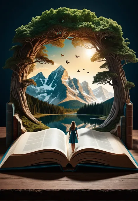 a woman is standing in front of an open book with a mountain scene