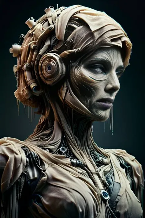 a close up of a woman with headphones on and a headpiece